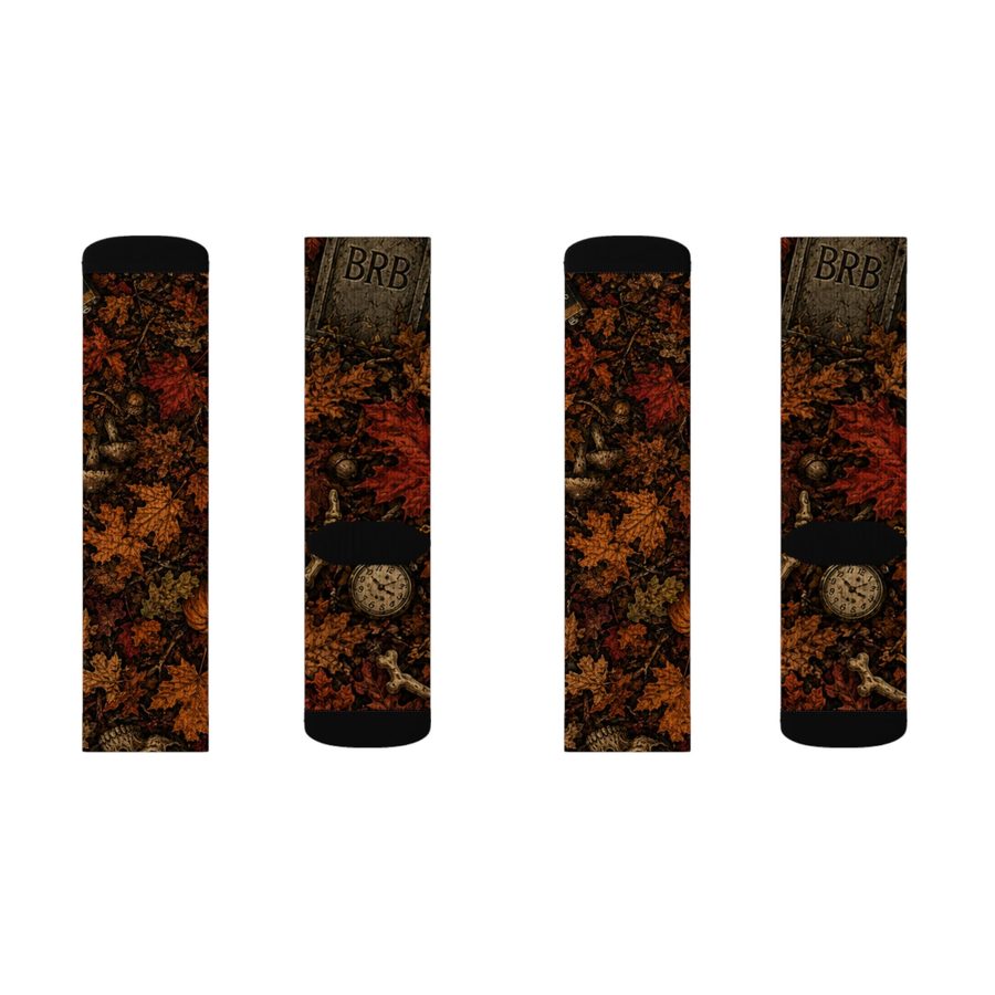 Autumn Sunset Tombstone Crew Socks, flat lay: front and back of both socks