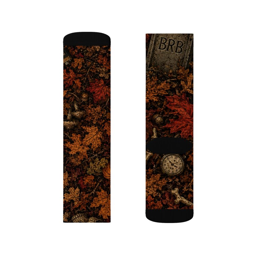 Autumn Sunset Tombstone Crew Socks, flat lay: pair, inner side