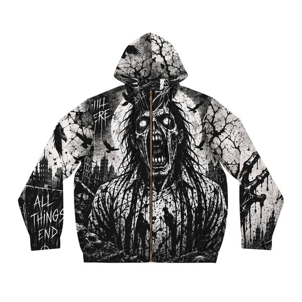Zombie Scream Zip Hoodie, front view: screaming zombie with hollow white eyes over a ruined city skyline and crows