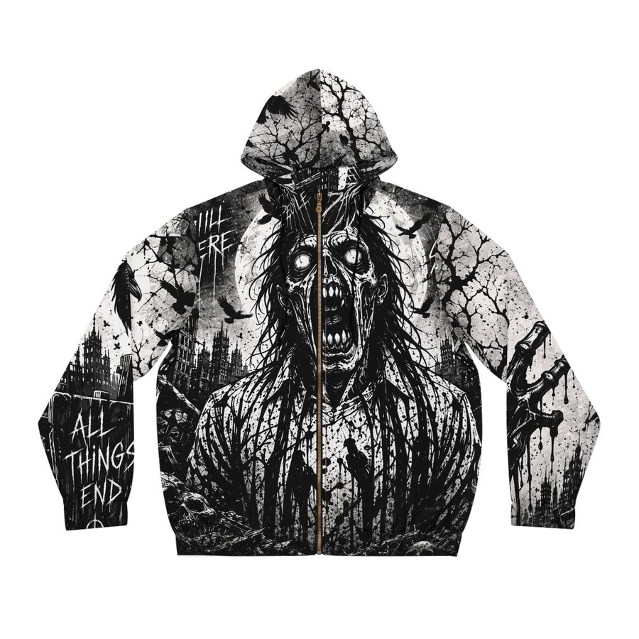 Zombie Scream Zip Hoodie, front view: screaming zombie with hollow white eyes over a ruined city skyline and crows