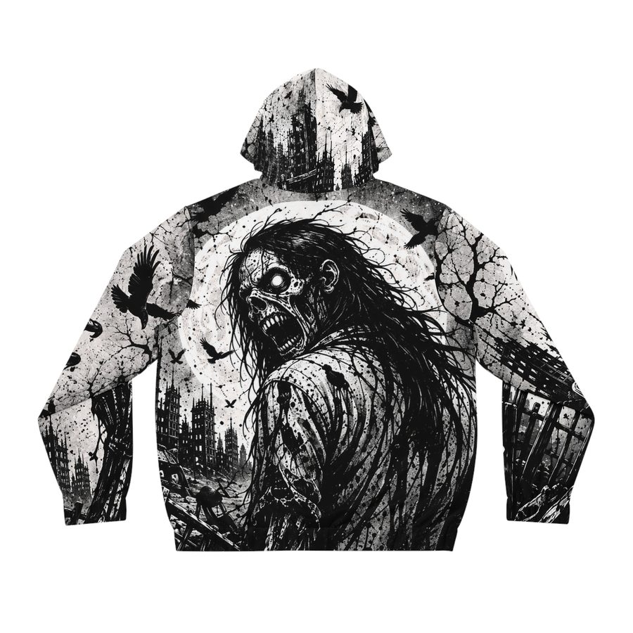Zombie Scream Zip Hoodie, back view: zombie looking over its shoulder under a pale moon with crows and a broken fence