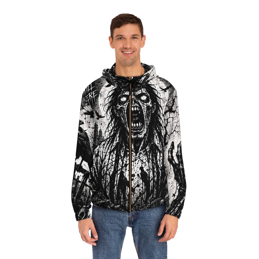 Zombie Scream Zip Hoodie, worn front view with the zipper and drawstrings