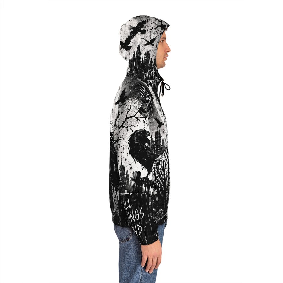 Zombie Scream Zip Hoodie, worn side view with the hood up, left