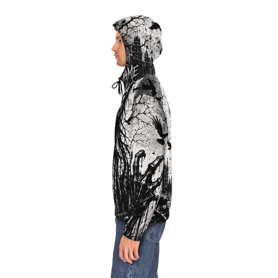 Zombie Scream Zip Hoodie, worn side view with the hood up, right