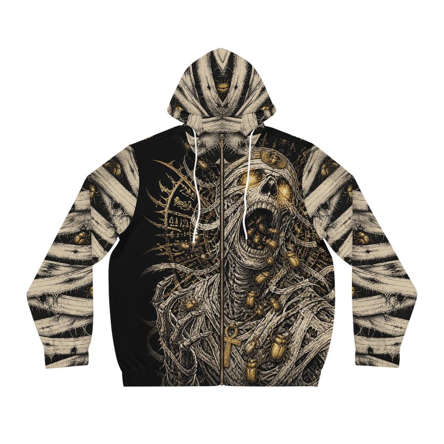 Mummy Zip Hoodie, front view: screaming mummy king in molten gold with scarabs and an ankh on black