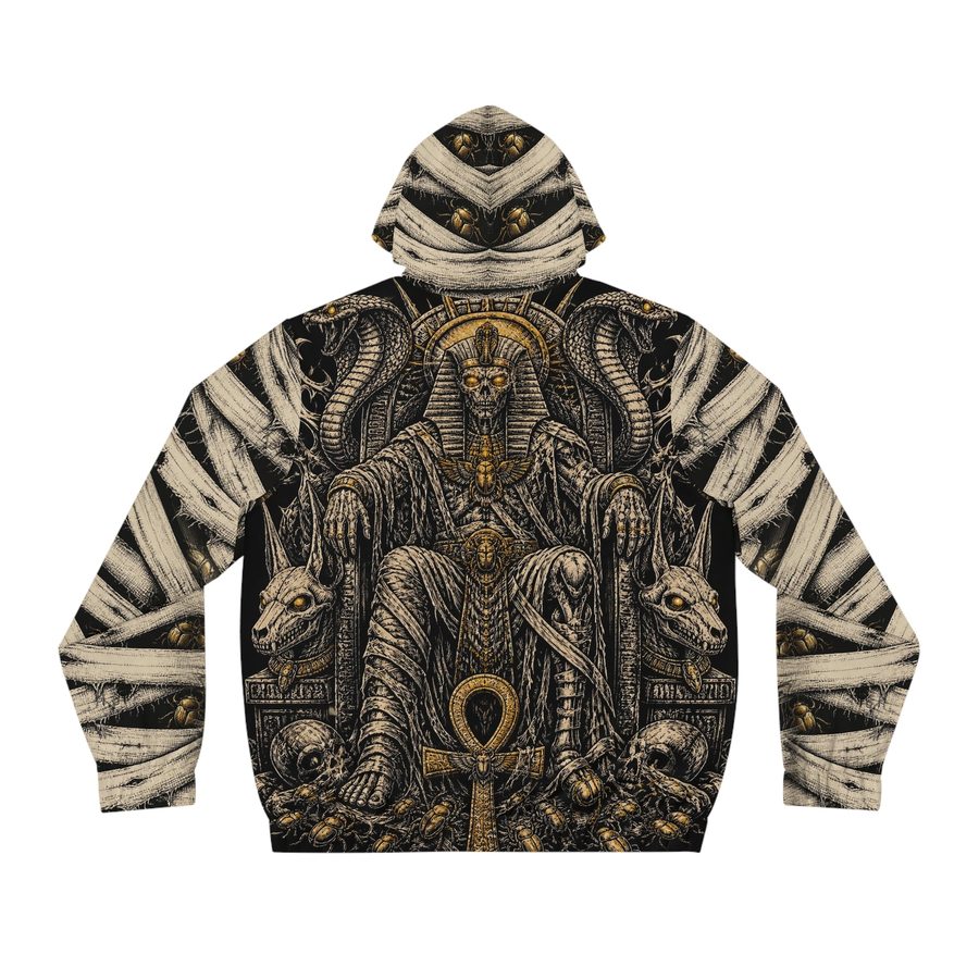 Mummy Zip Hoodie, back view: mummy pharaoh seated on a cobra throne
