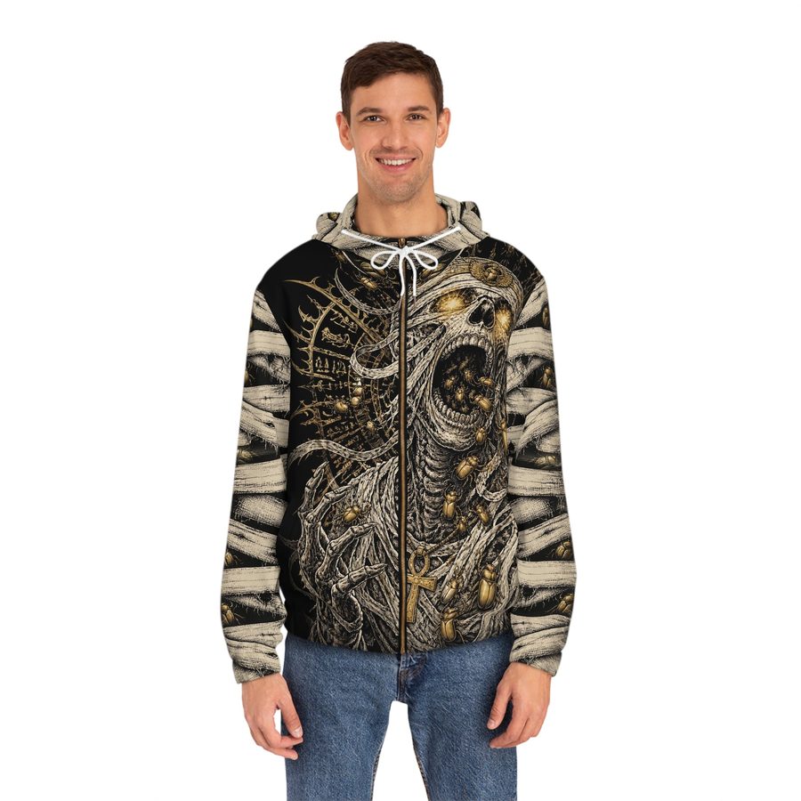 Mummy Zip Hoodie, worn front view with the zipper and drawstrings