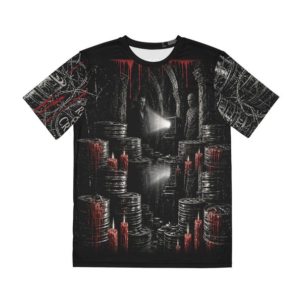 Reel Crypt Tee, front view: figure in a high collared coat in a vaulted crypt with a projector beam, film canisters and red candles
