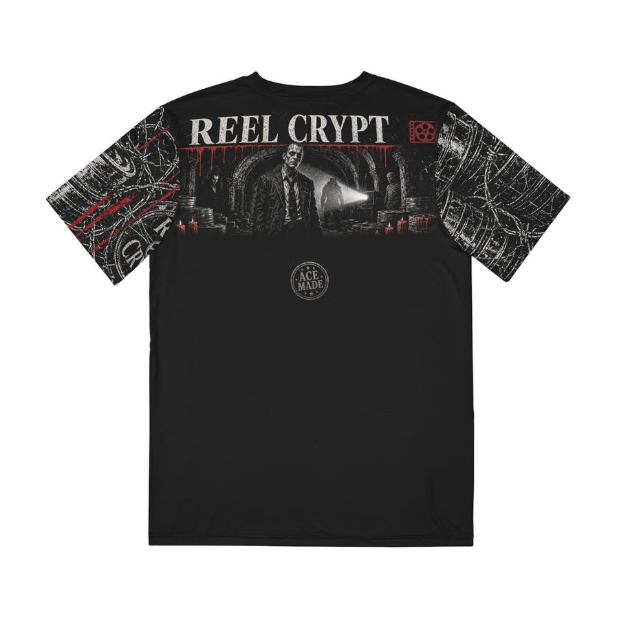 Reel Crypt Tee, back view: REEL CRYPT title with blood drips over a stitched figure, a hulking silhouette and film canisters