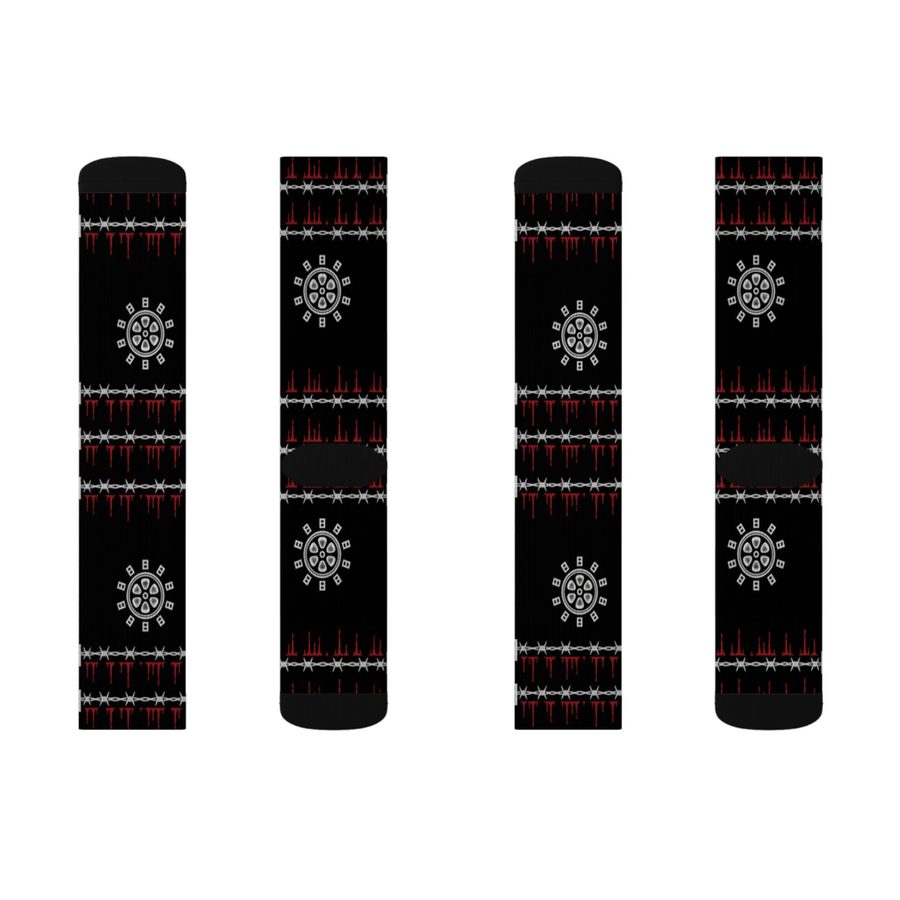 Reel Crypt Crew Socks, flat lay: front and back of both socks
