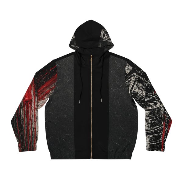 Reel Crypt Zip Hoodie, front view: black center panels, distressed charcoal sides, blood streaked sleeve and film canister sleeve