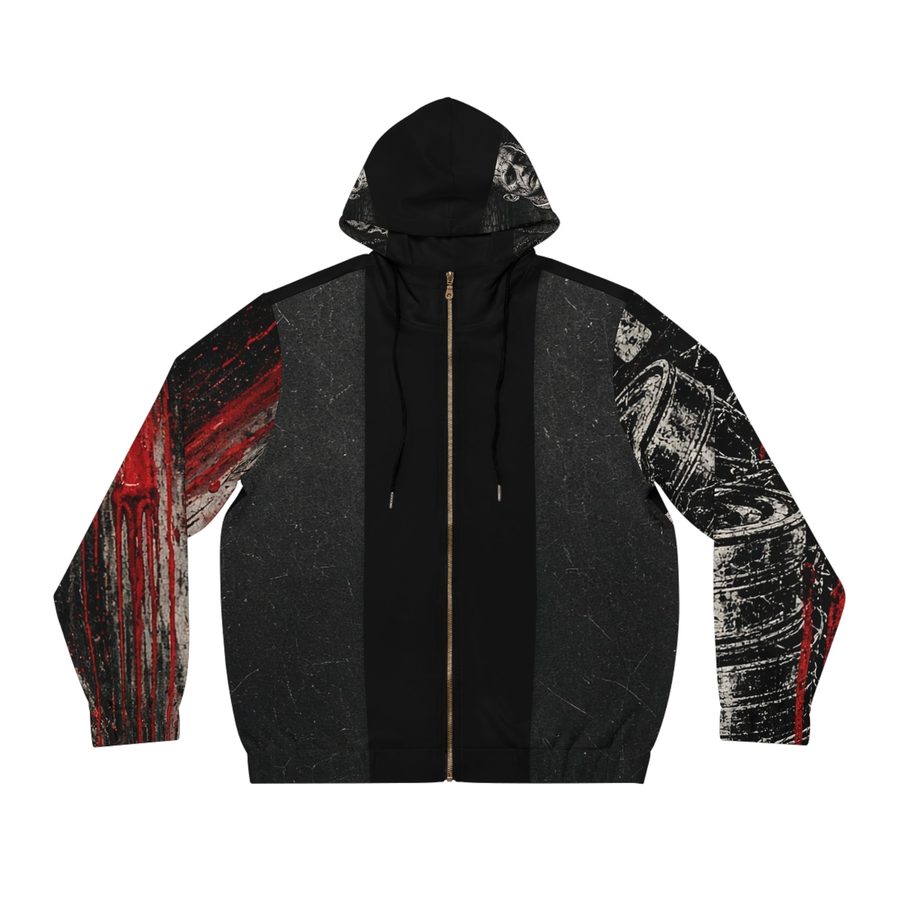 Reel Crypt Zip Hoodie, front view: black center panels, distressed charcoal sides, blood streaked sleeve and film canister sleeve
