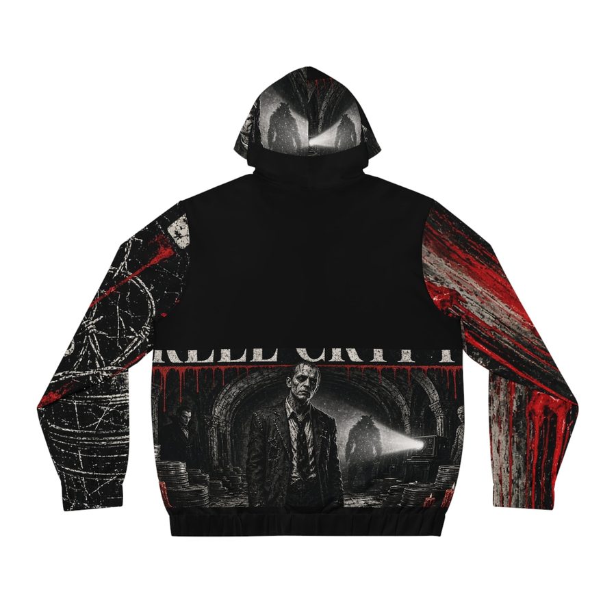 Reel Crypt Zip Hoodie, back view: REEL CRYPT title with blood drips over a crypt tunnel, a pale man in a suit and stacks of film reels
