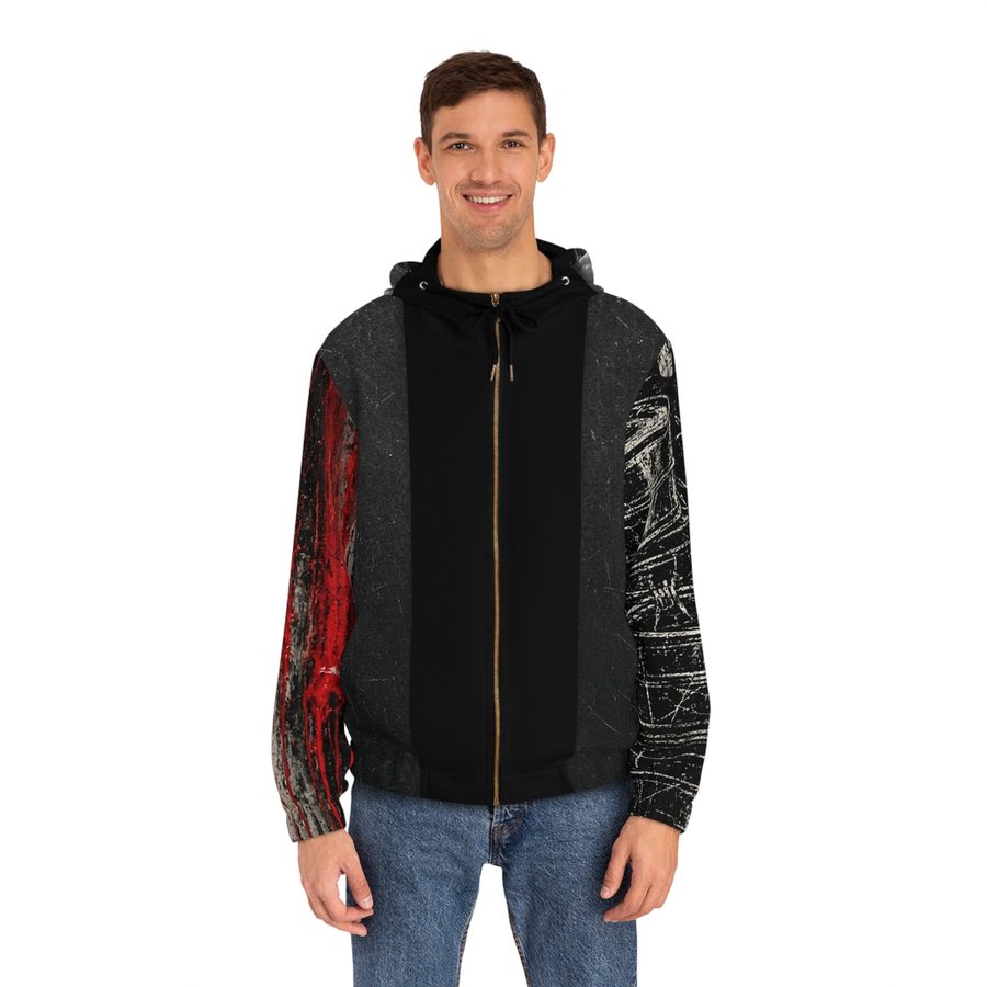 Reel Crypt Zip Hoodie, worn front view with the zipper and drawstrings