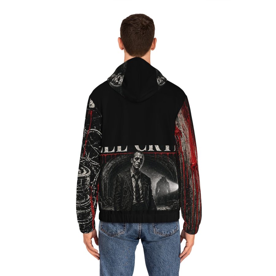 Reel Crypt Zip Hoodie, worn back view showing the full back print