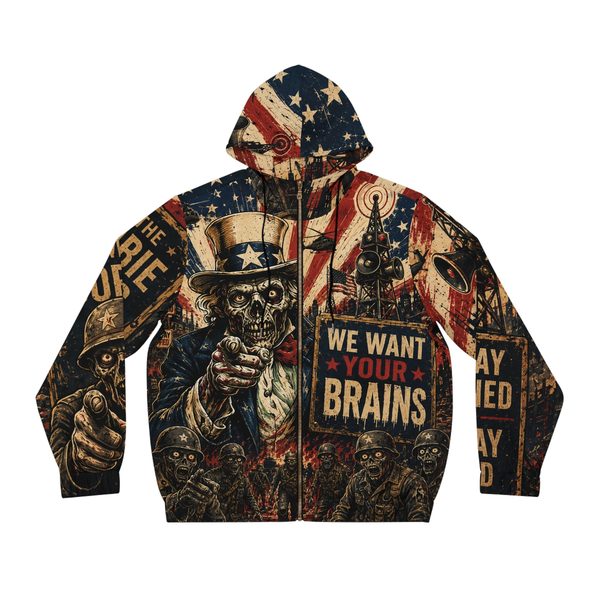Zombie Uncle Sam Zip Hoodie, front view with black drawstrings: Zombie Uncle Sam pointing beside a WE WANT YOUR BRAINS sign