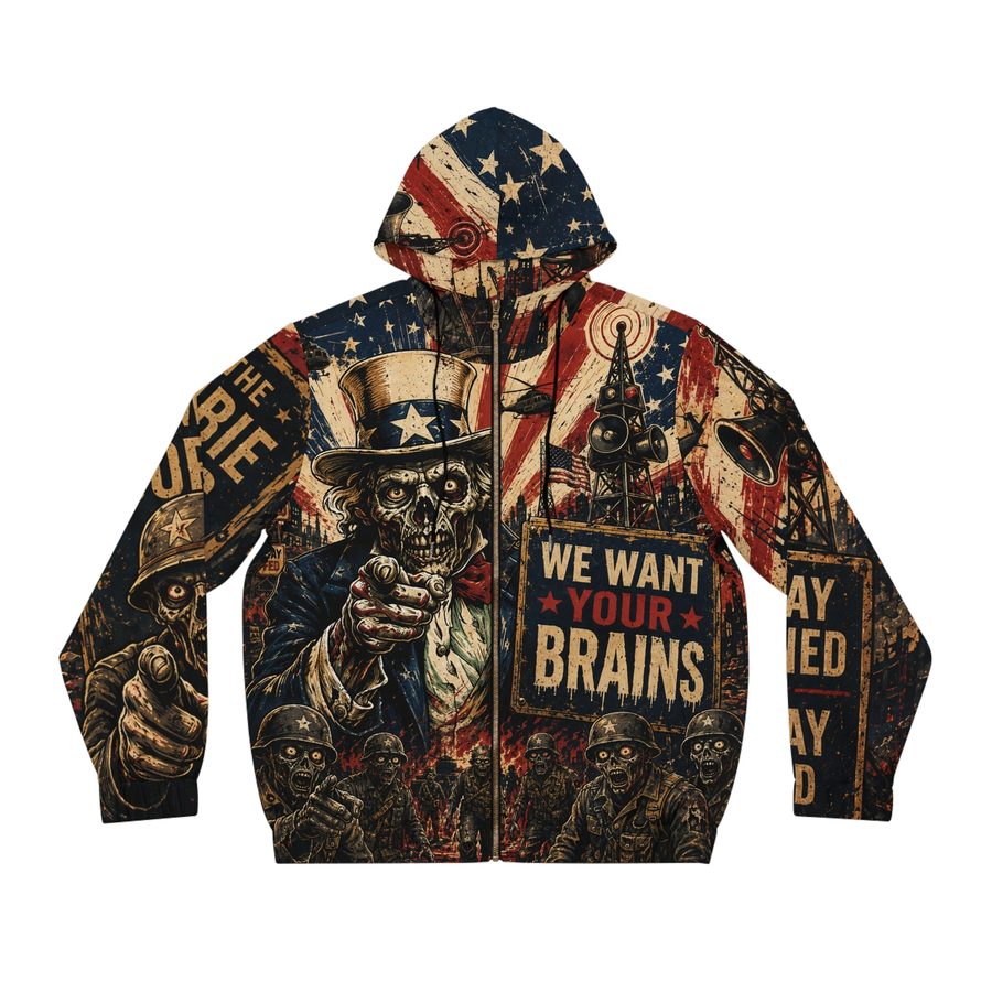 Zombie Uncle Sam Zip Hoodie, front view with black drawstrings: Zombie Uncle Sam pointing beside a WE WANT YOUR BRAINS sign