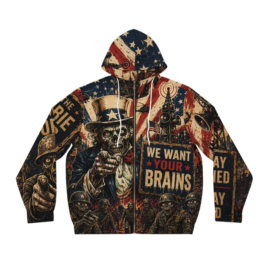 Zombie Uncle Sam Zip Hoodie, front view with white drawstrings: Zombie Uncle Sam, stars and stripes and zombie soldiers
