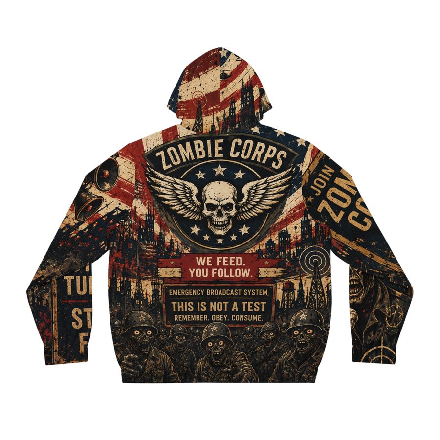 Zombie Uncle Sam Zip Hoodie, back view: ZOMBIE CORPS winged skull badge over WE FEED. YOU FOLLOW. and an emergency broadcast