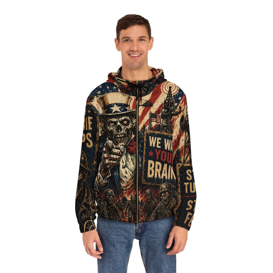 Zombie Uncle Sam Zip Hoodie, worn front view with black drawstrings