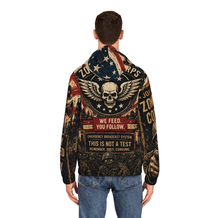 Zombie Uncle Sam Zip Hoodie, worn back view showing the Zombie Corps badge