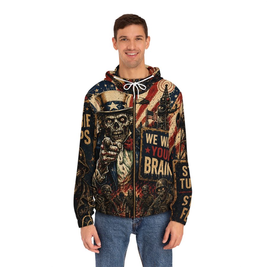 Zombie Uncle Sam Zip Hoodie, worn front view with white drawstrings