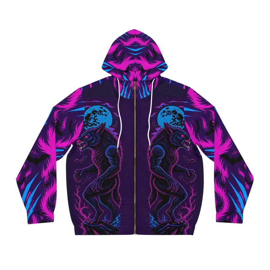 Werewolf Blacklight Zip Hoodie, front view: twin neon werewolves under blue moons