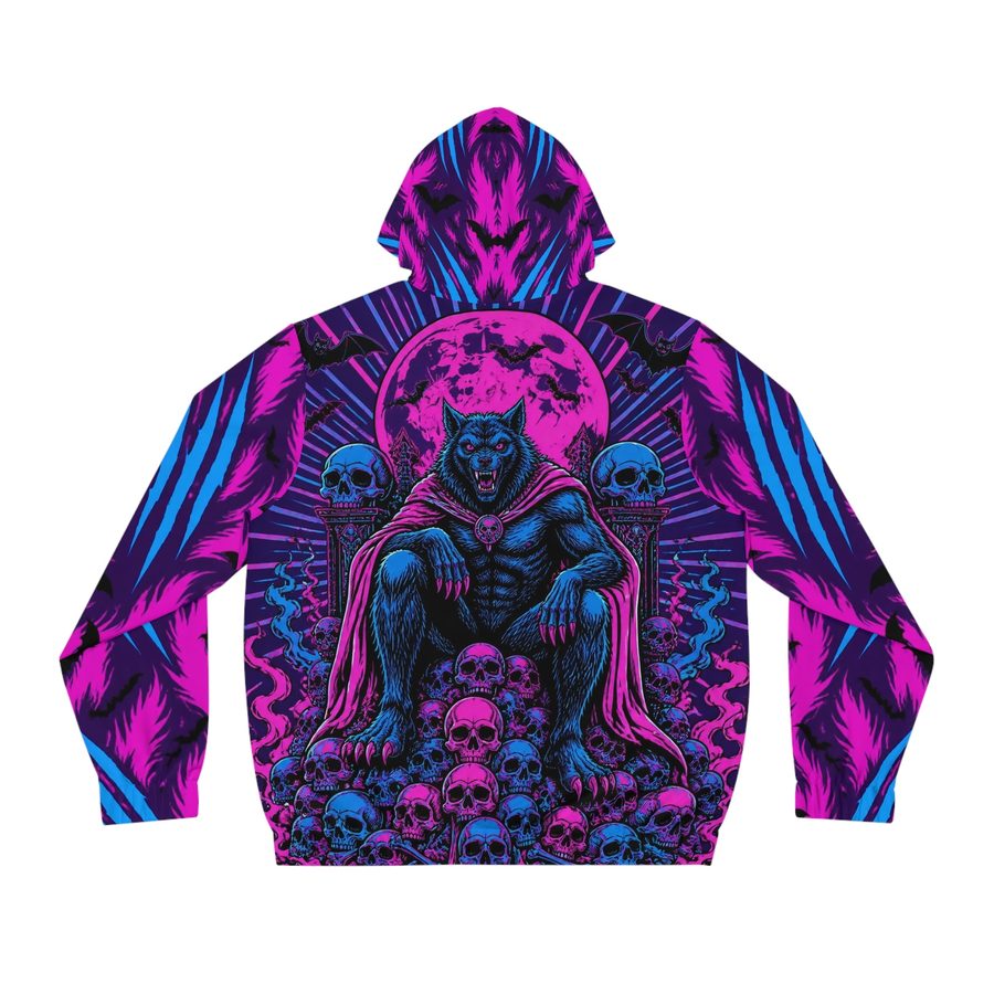 Werewolf Blacklight Zip Hoodie, back view: the werewolf on a throne of skulls