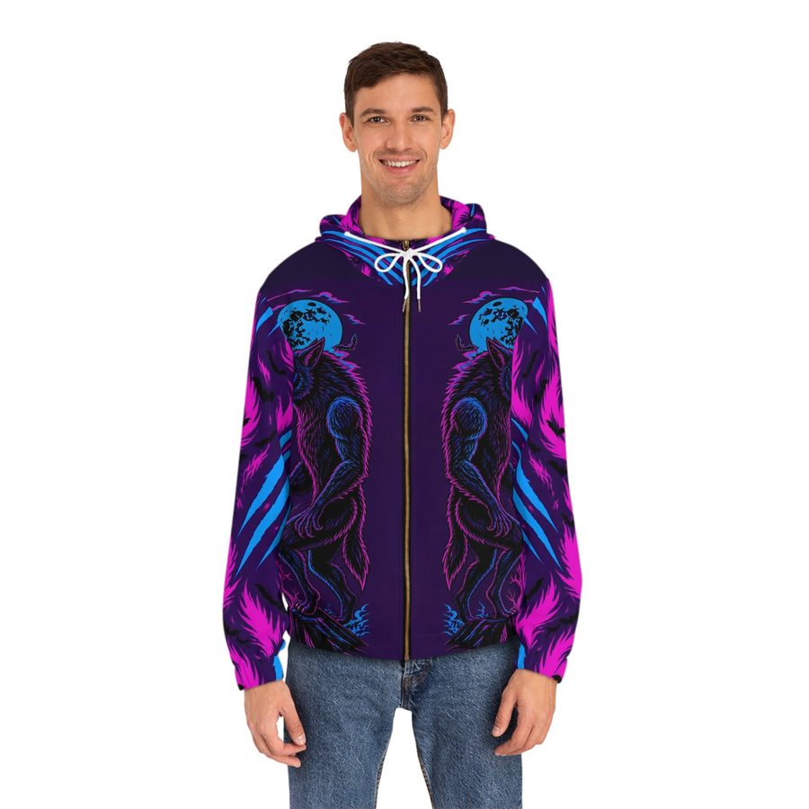 Werewolf Blacklight Zip Hoodie, worn front view with the zipper and drawstrings