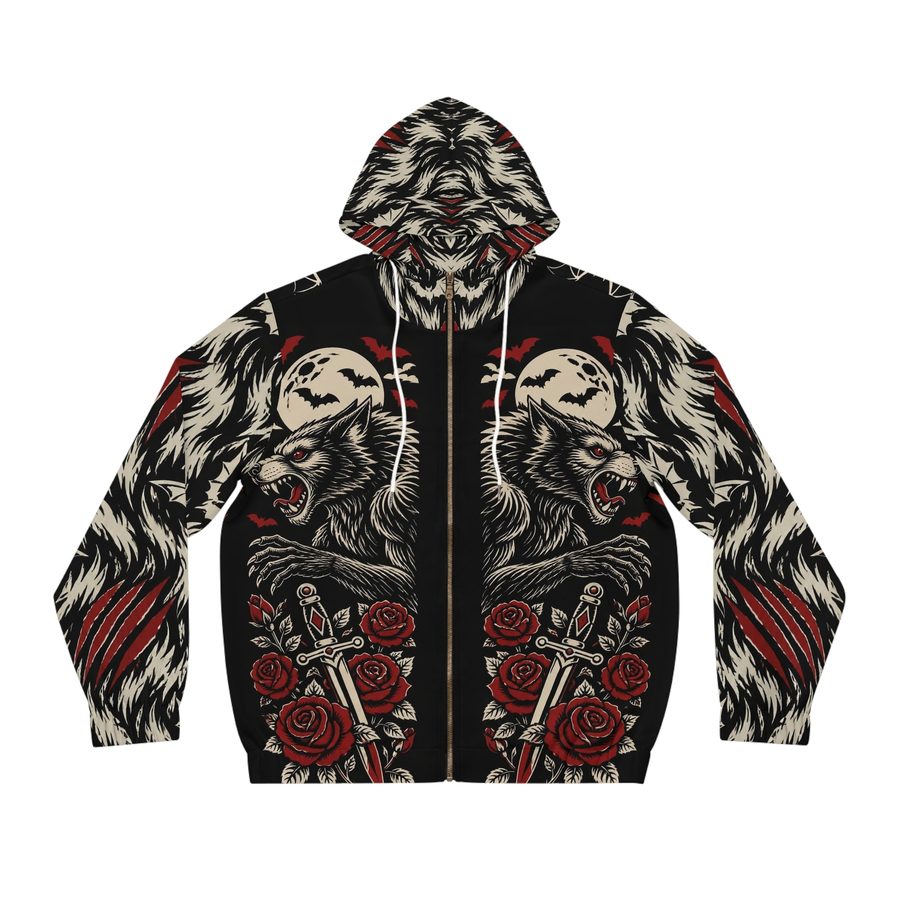 Werewolf Tattoo Flash Zip Hoodie, front view: twin werewolves with full moons, roses, daggers and bats