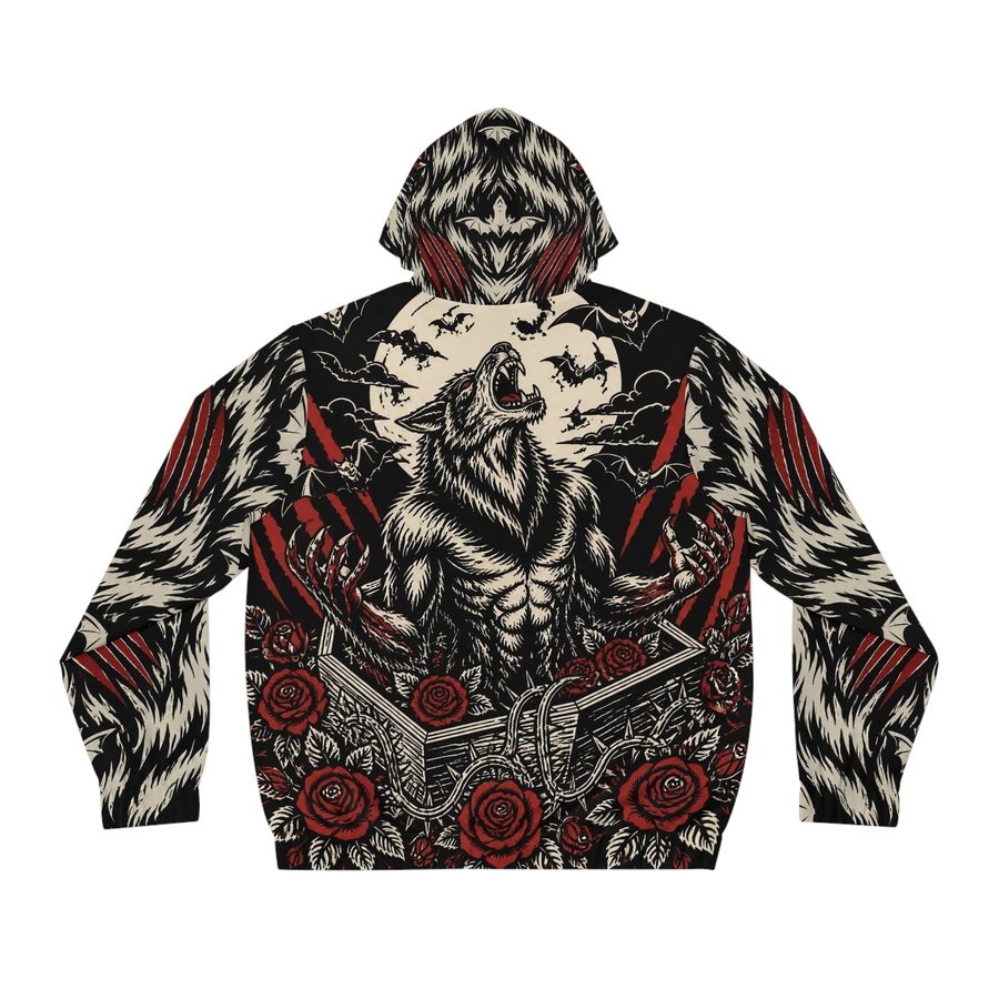 Werewolf Tattoo Flash Zip Hoodie, back view: the werewolf howling at the full moon