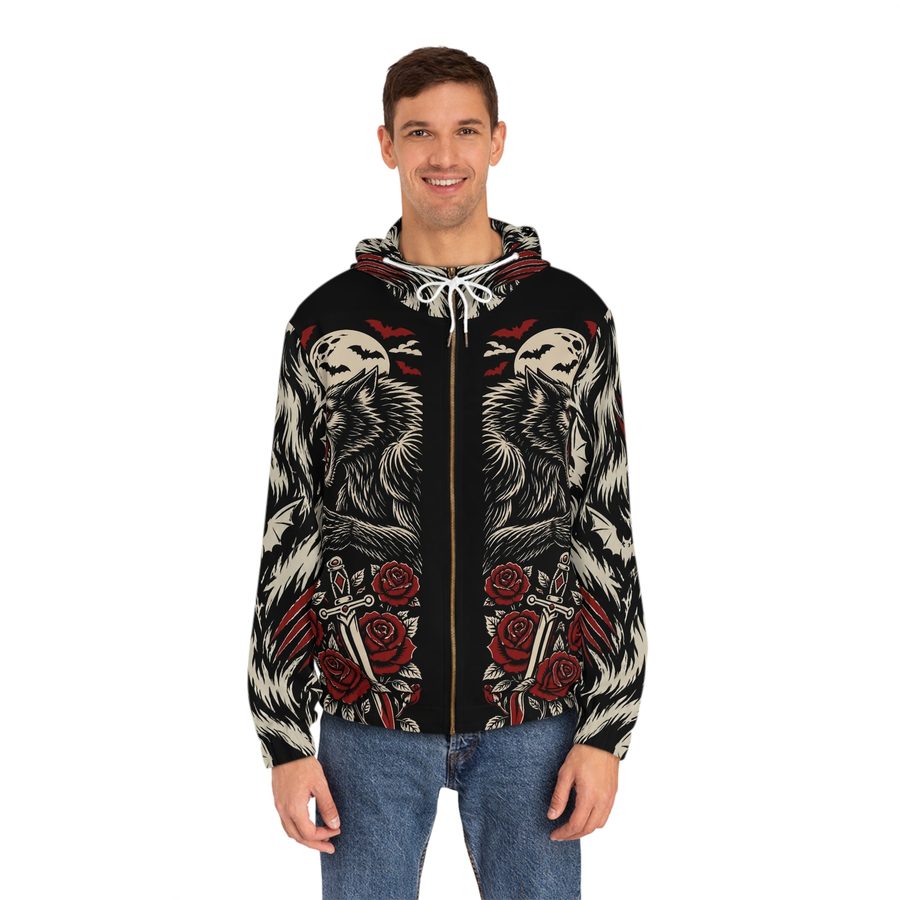 Werewolf Tattoo Flash Zip Hoodie, worn front view with the zipper and drawstrings