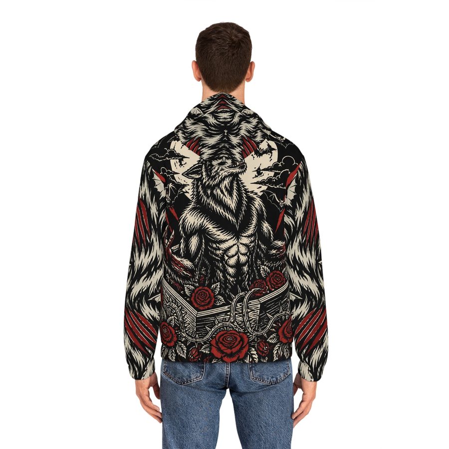 Werewolf Tattoo Flash Zip Hoodie, worn back view showing the full back print