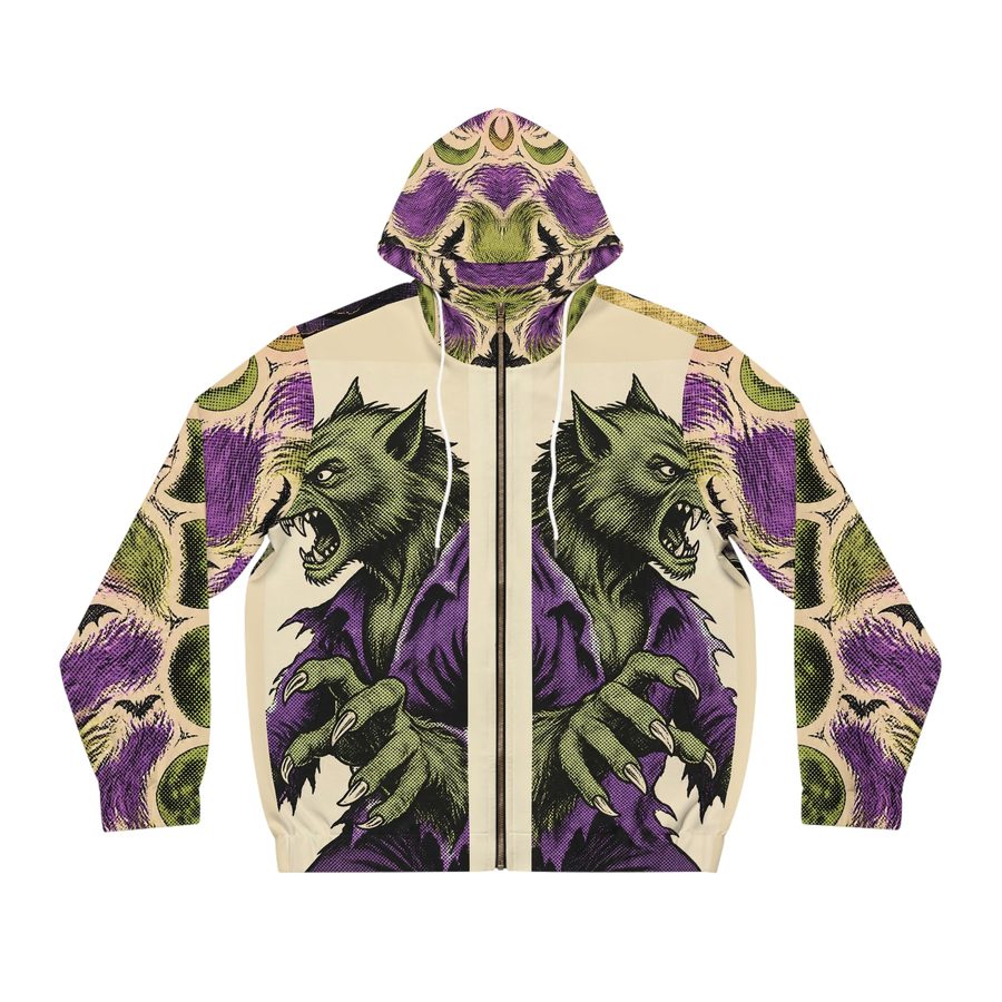 Werewolf Pulp Comic Zip Hoodie, front view: twin werewolves baring their fangs in pulp comic style