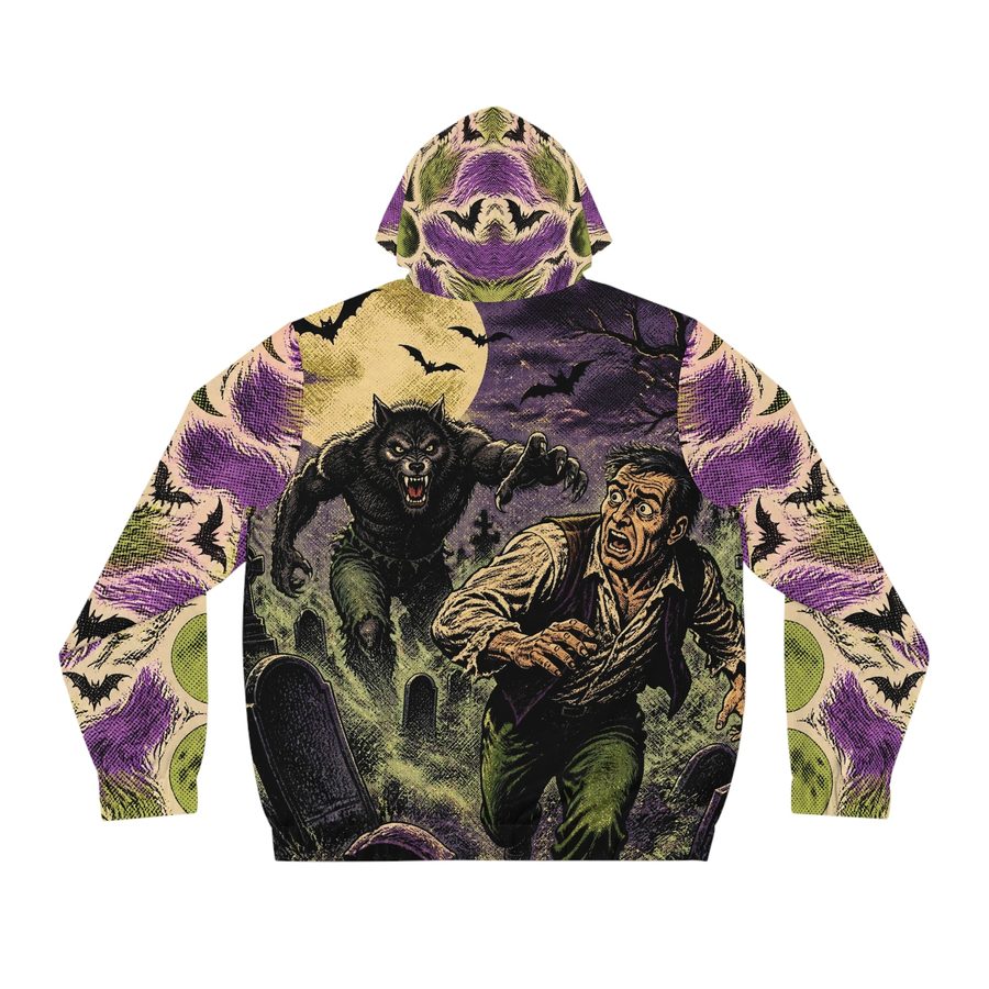 Werewolf Pulp Comic Zip Hoodie, back view: the werewolf chasing a terrified villager through a moonlit graveyard