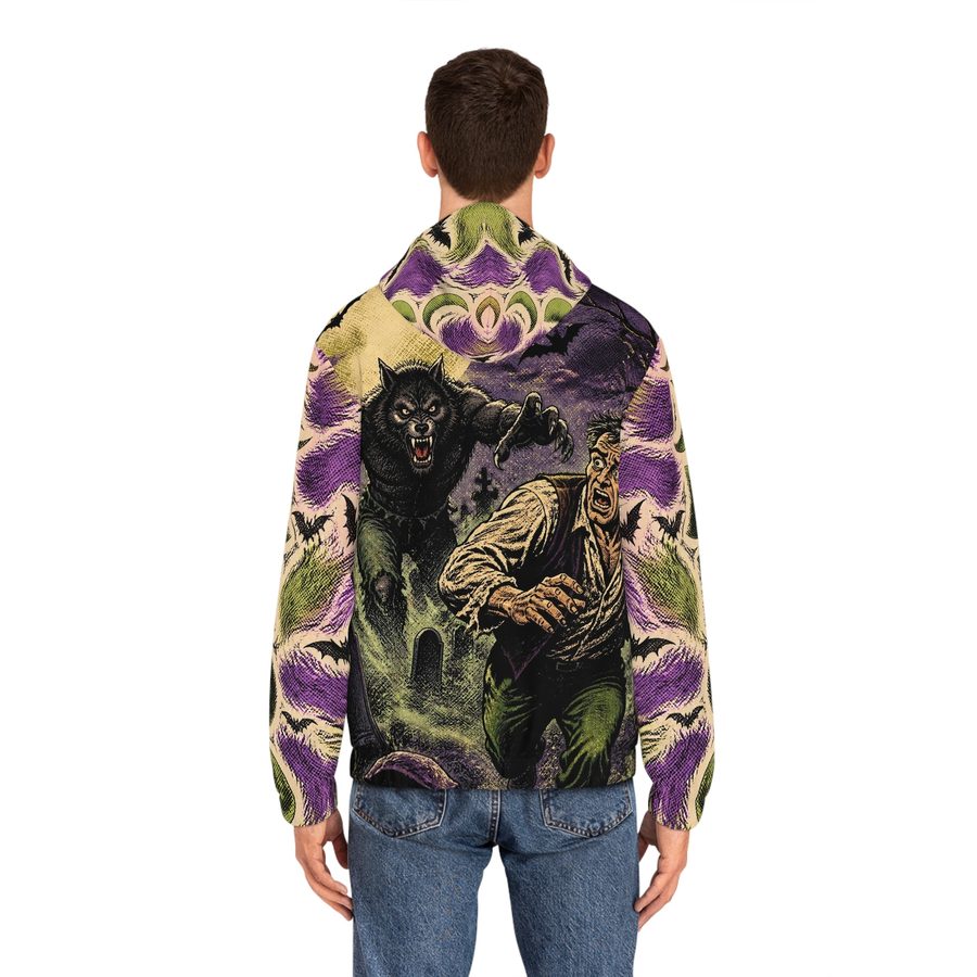 Werewolf Pulp Comic Zip Hoodie, worn back view showing the full back print