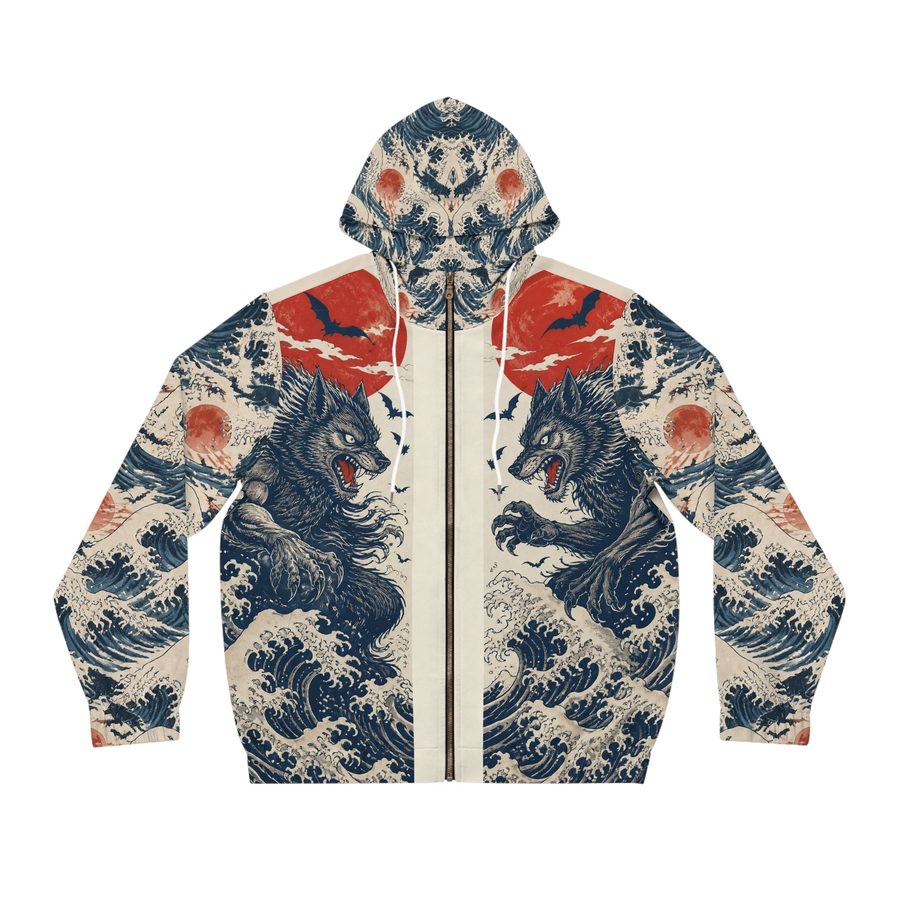 Werewolf Woodblock Zip Hoodie, front view: twin werewolves over crashing waves and red moons