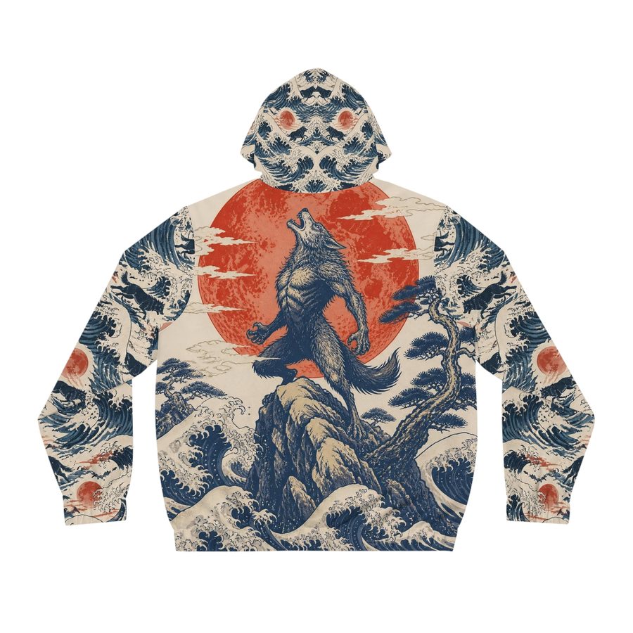 Werewolf Woodblock Zip Hoodie, back view: giant werewolf howling from a mountain peak