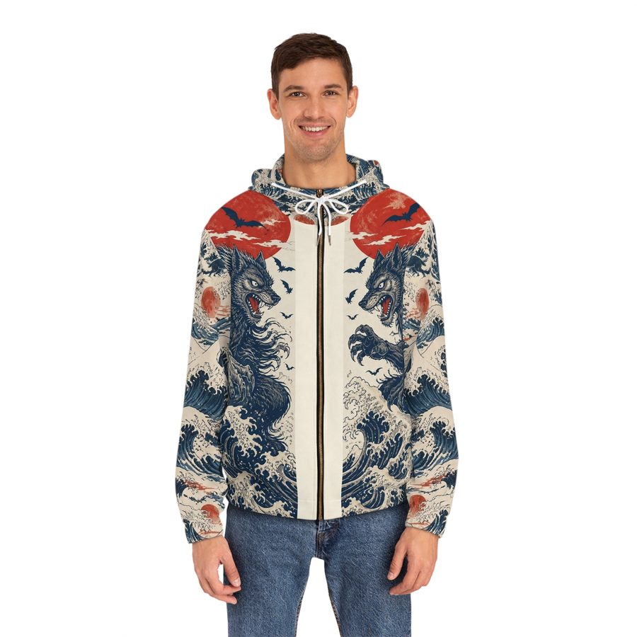 Werewolf Woodblock Zip Hoodie, worn front view with the zipper and drawstrings