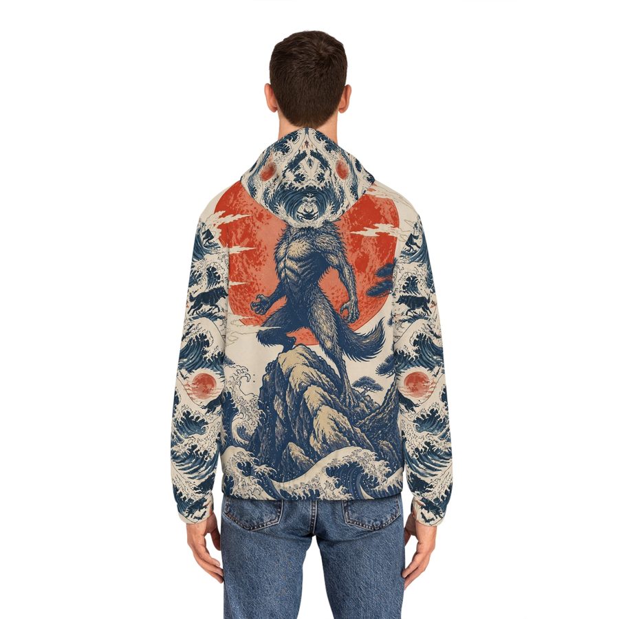 Werewolf Woodblock Zip Hoodie, worn back view showing the full back print