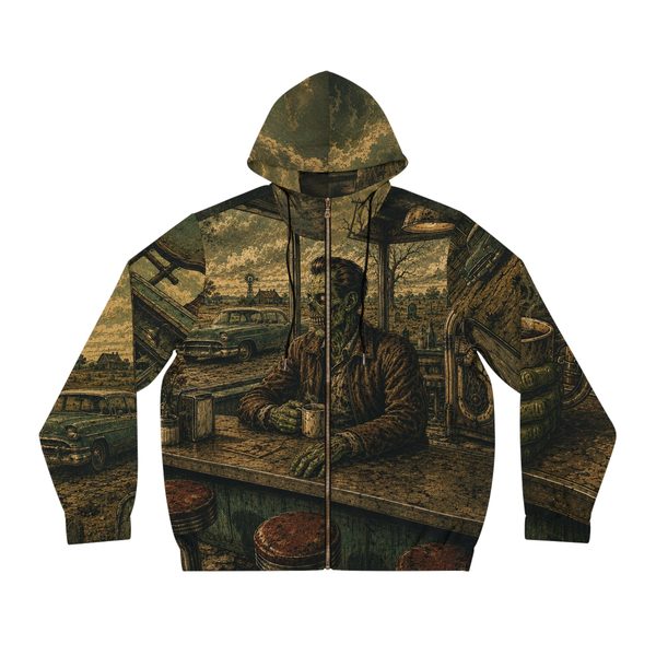Zombie Road Trip Zip Hoodie, front view: zombie at a diner counter with coffee cups, red stools and an old car outside