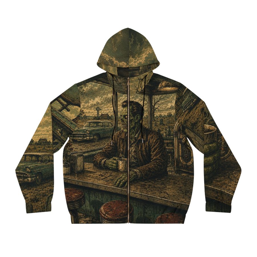 Zombie Road Trip Zip Hoodie, front view: zombie at a diner counter with coffee cups, red stools and an old car outside