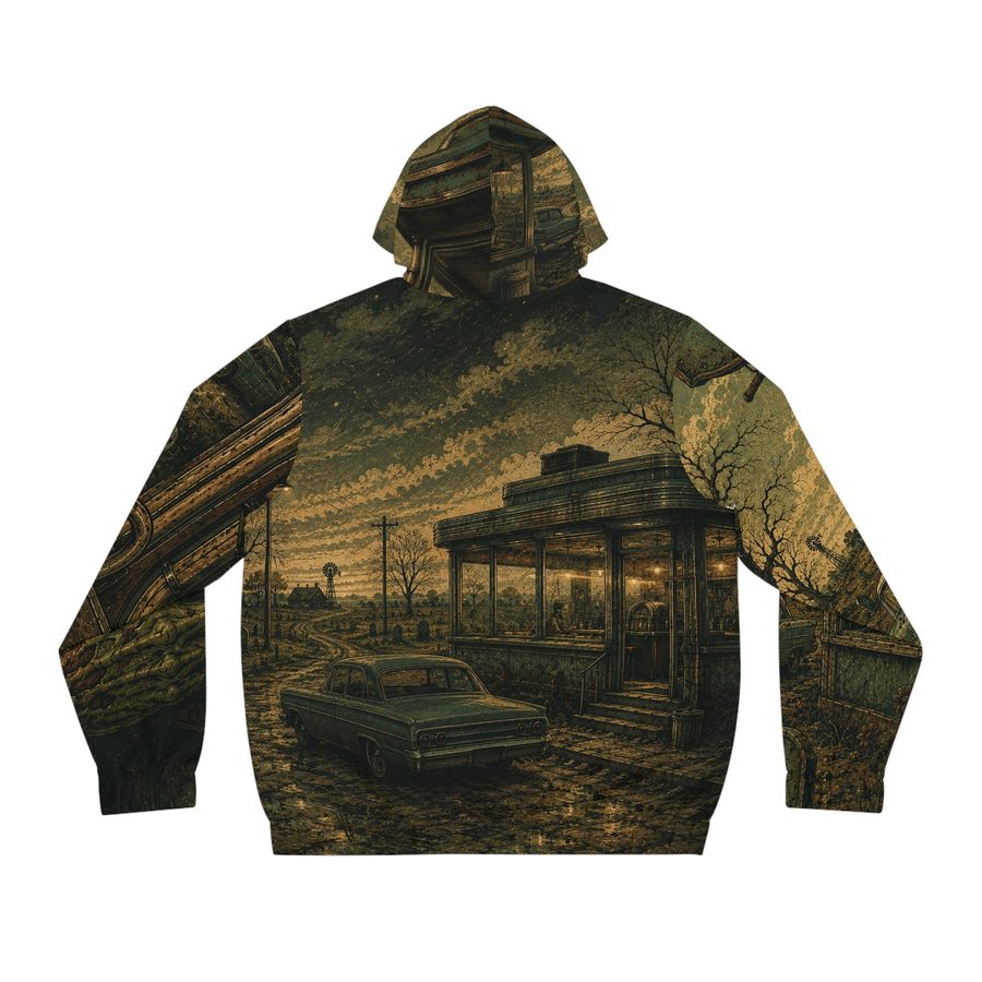 Zombie Road Trip Zip Hoodie, back view: lonely roadside diner at dusk with a vintage car, telephone poles and bare trees