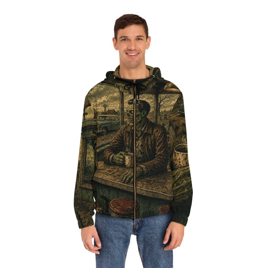 Zombie Road Trip Zip Hoodie, worn front view with the zipper and drawstrings