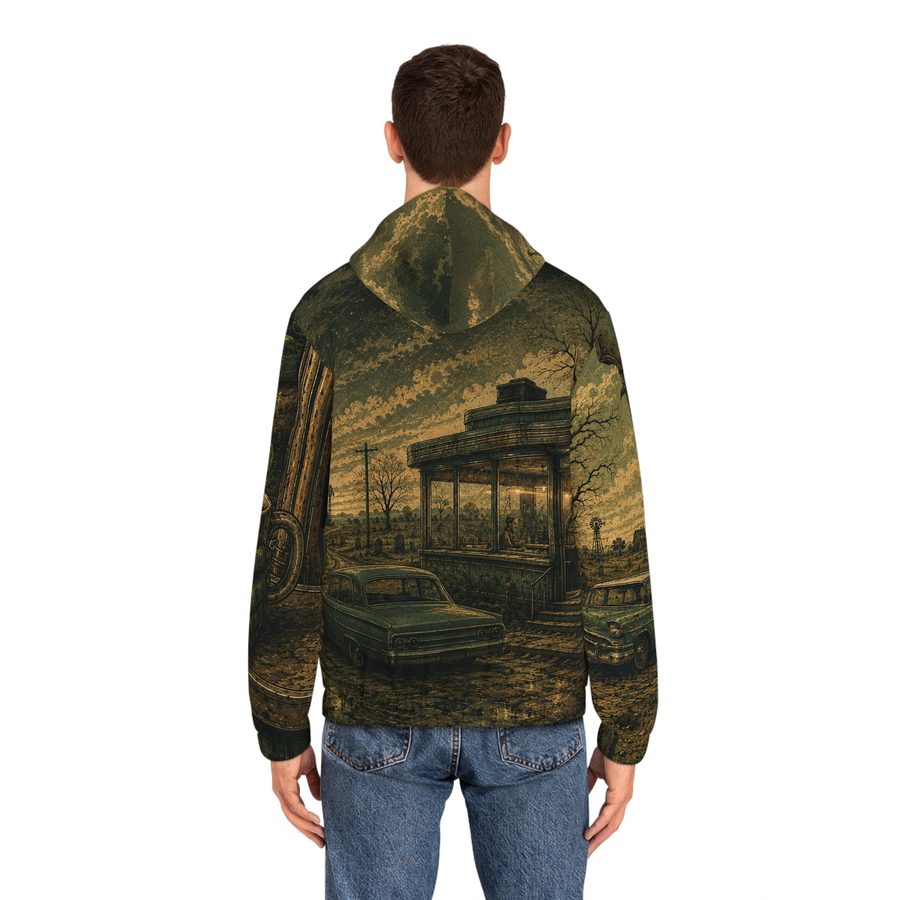 Zombie Road Trip Zip Hoodie, worn back view showing the full back print
