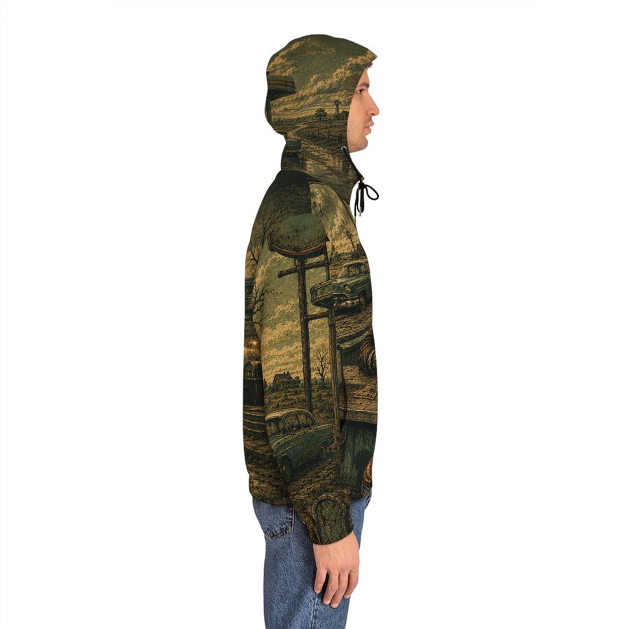 Zombie Road Trip Zip Hoodie, worn side view with the hood up, left