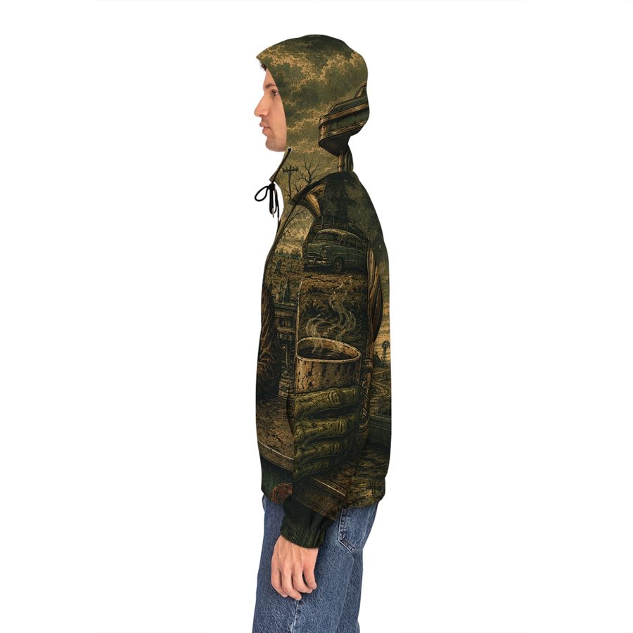 Zombie Road Trip Zip Hoodie, worn side view with the hood up, right