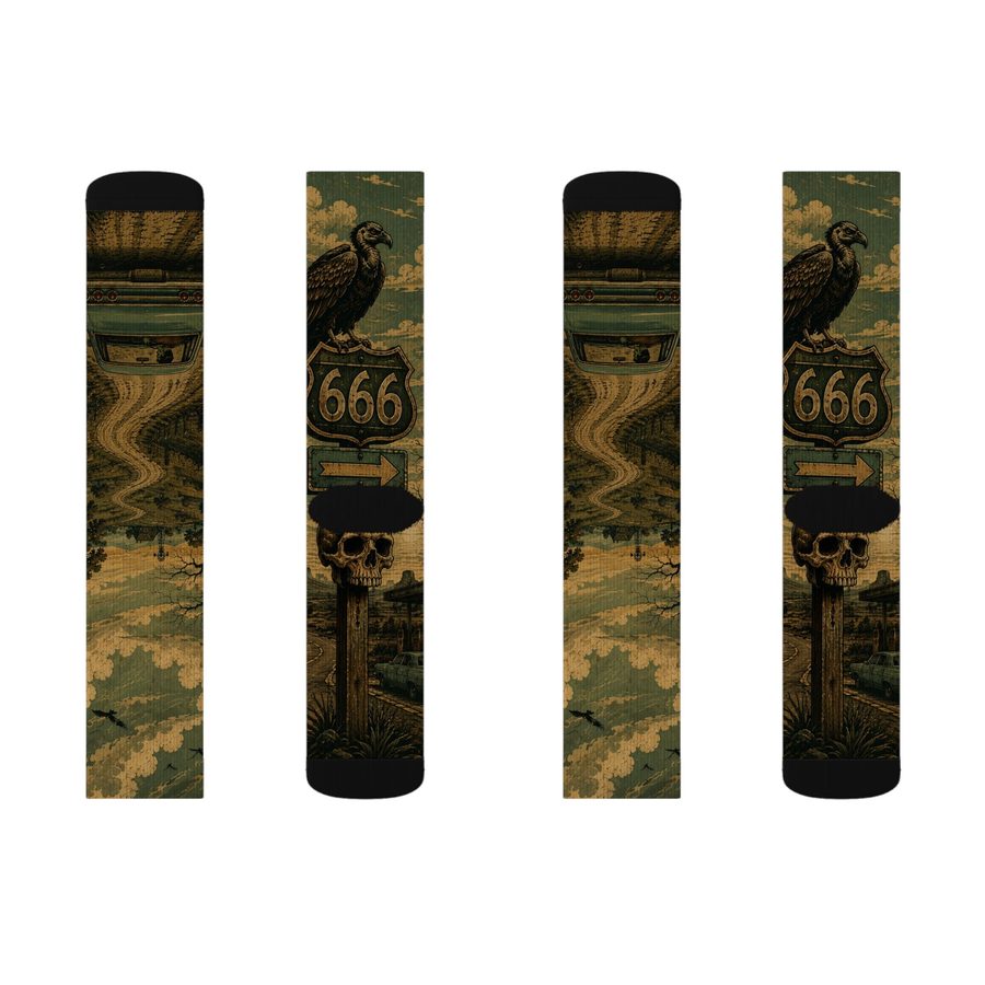 Route 666 Crew Socks, flat lay: front and back of both socks