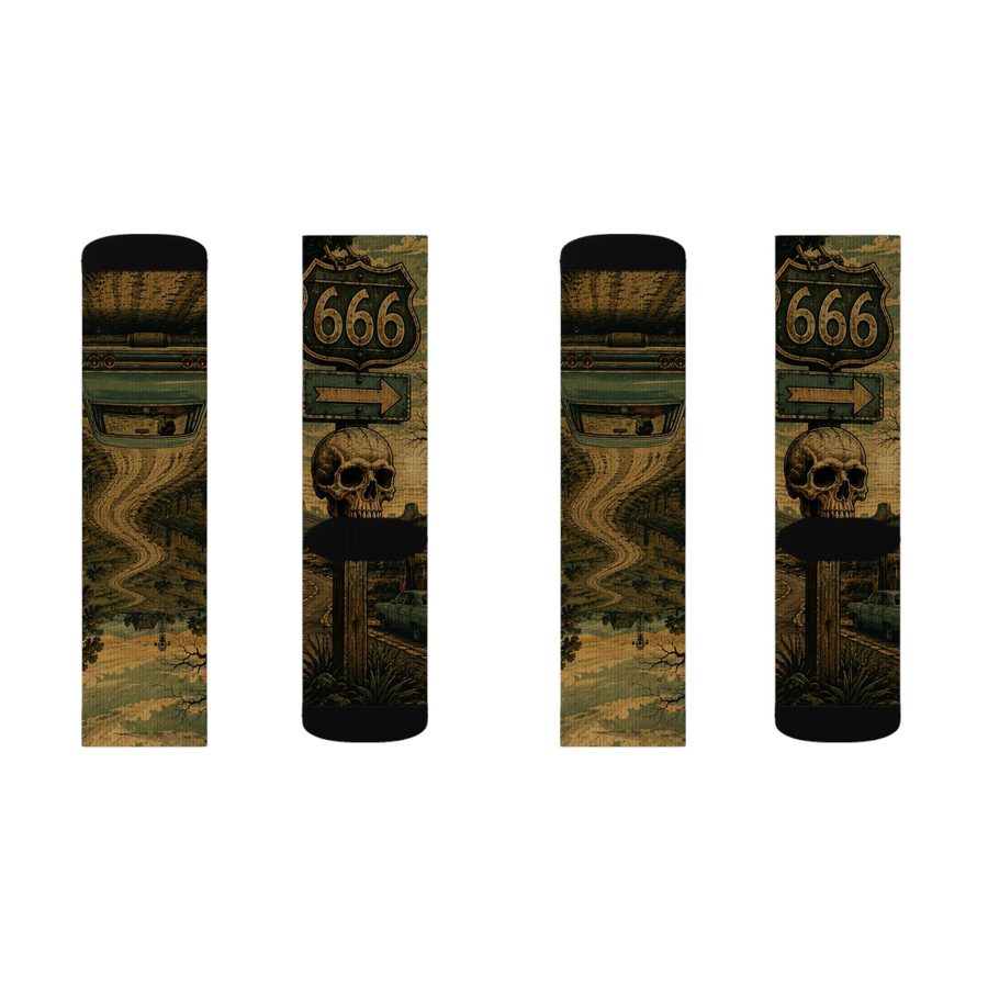 Route 666 Crew Socks, flat lay: front and back of both socks
