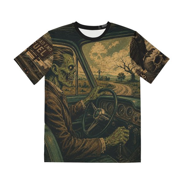 Zombie Road Trip Tee, front view: zombie driver at the wheel of a vintage car on a winding dirt road with dead trees